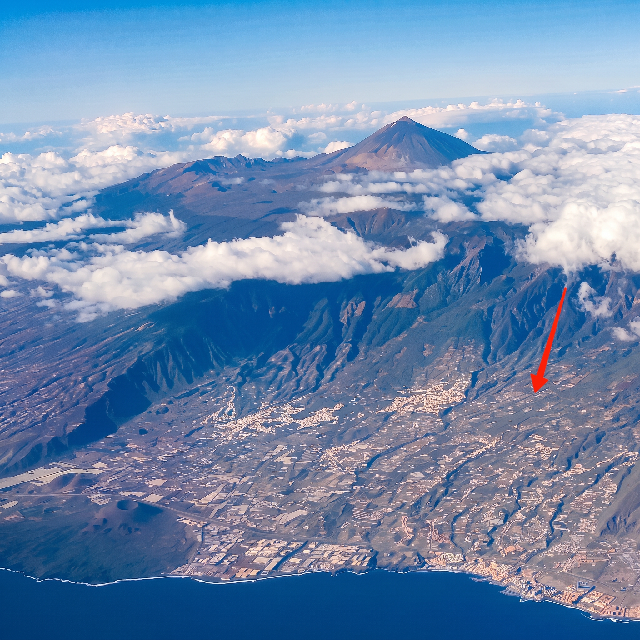 Vue aérienne de Tenerife avec le Teide, la vallée et l'océan, l'emplacement du site indiqué par une flèche