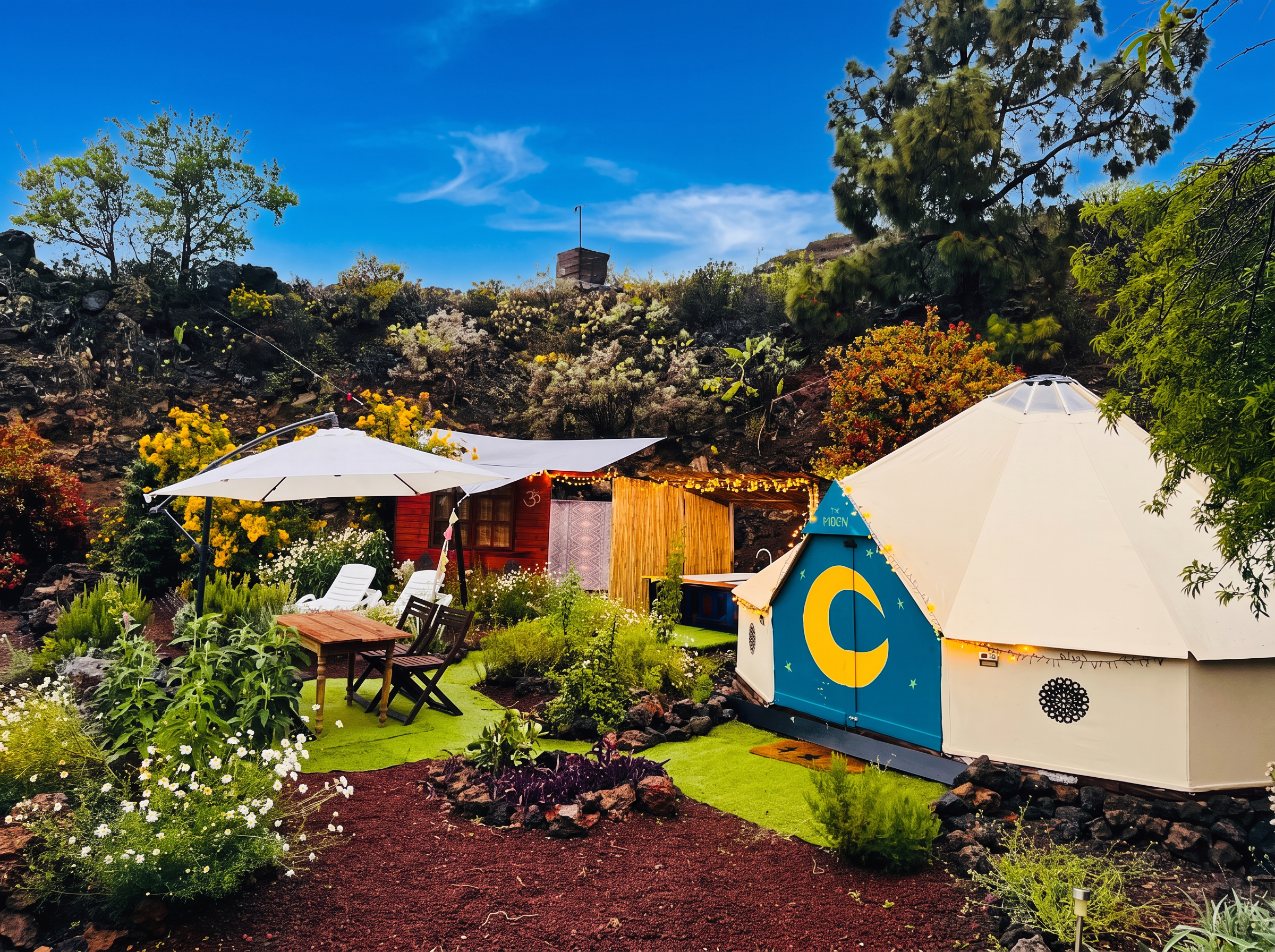 Espace glamping avec tente Moonrise, cabane en bois et table sous un pin